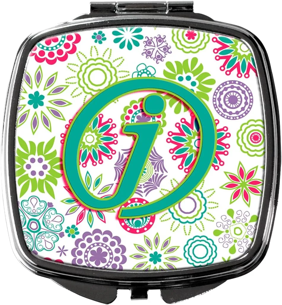 Caroline's Treasures CJ2011-JSCM Letter J Flowers Pink Teal Green Initial Compact Mirror Decorative Travel Makeup Mirror for Women Girls Gifts Pocket Makeup Mirror Folding Handheld