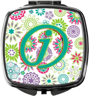 Caroline's Treasures CJ2011-JSCM Letter J Flowers Pink Teal Green Initial Compact Mirror Decorative Travel Makeup Mirror for Women Girls Gifts Pocket Makeup Mirror Folding Handheld
