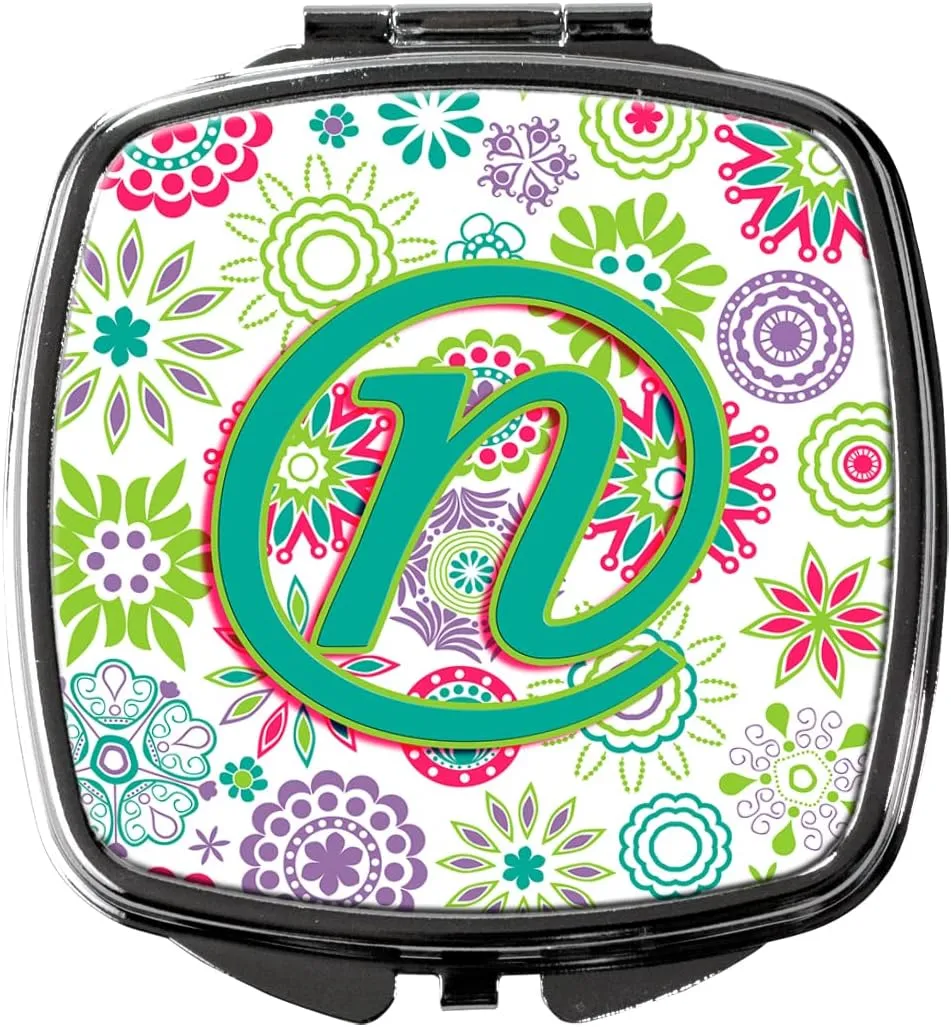 Caroline's Treasures CJ2011-NSCM Letter N Flowers Pink Teal Green Initial Compact Mirror Decorative Travel Makeup Mirror for Women Girls Gifts Pocket Makeup Mirror Folding Handheld