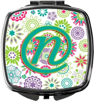 Caroline's Treasures CJ2011-NSCM Letter N Flowers Pink Teal Green Initial Compact Mirror Decorative Travel Makeup Mirror for Women Girls Gifts Pocket Makeup Mirror Folding Handheld