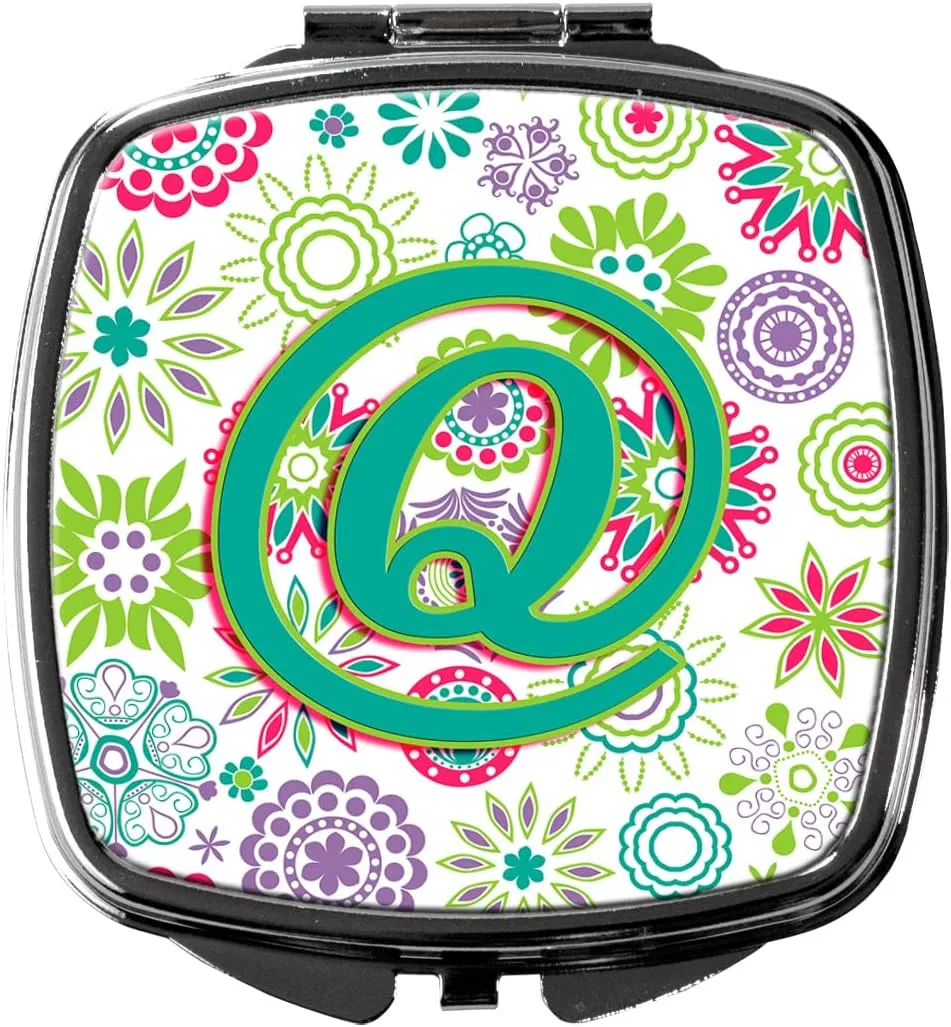 Caroline's Treasures CJ2011-QSCM Letter Q Flowers Pink Teal Green Initial Compact Mirror Decorative Travel Makeup Mirror for Women Girls Gifts Pocket Makeup Mirror Folding Handheld