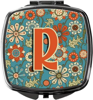 Caroline's Treasures CJ2012-RSCM Letter R Flowers Retro Blue Compact Mirror Decorative Travel Makeup Mirror for Women Girls Gifts Pocket Makeup Mirror Folding Handheld