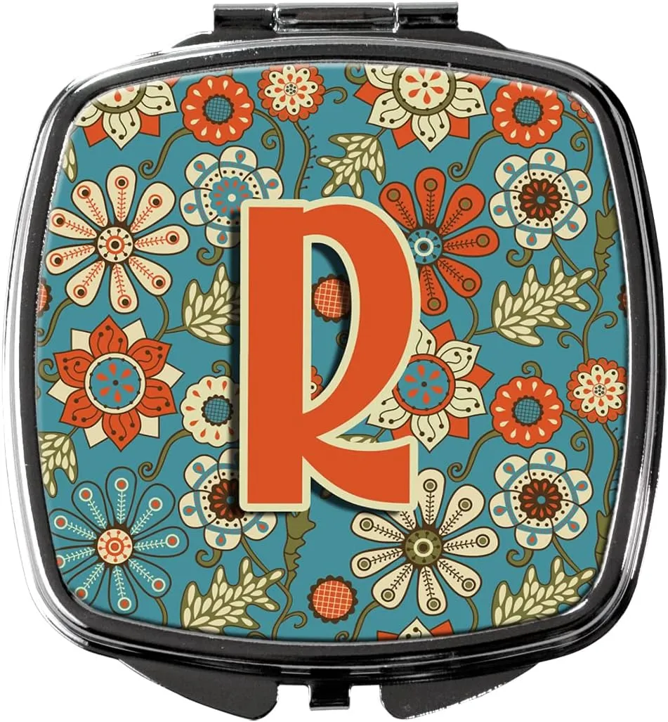 Caroline's Treasures CJ2012-RSCM Letter R Flowers Retro Blue Compact Mirror Decorative Travel Makeup Mirror for Women Girls Gifts Pocket Makeup Mirror Folding Handheld