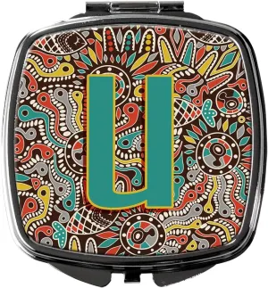 Caroline's Treasures CJ2013-USCM Letter U Retro Tribal Alphabet Initial Compact Mirror Decorative Travel Makeup Mirror for Women Girls Gifts Pocket Makeup Mirror Folding Handheld
