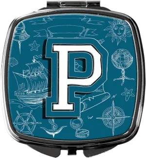 Caroline's Treasures CJ2014-PSCM Letter P Sea Doodles Initial Alphabet Compact Mirror Decorative Travel Makeup Mirror for Women Girls Gifts Pocket Makeup Mirror Folding Handheld