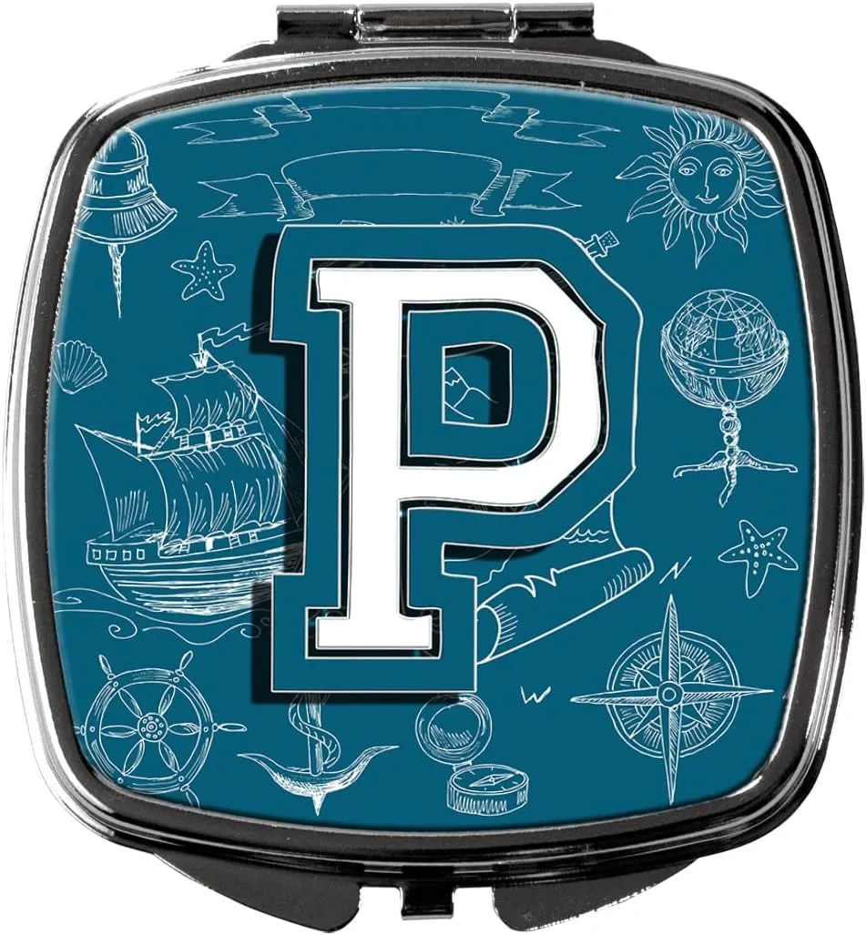 Caroline's Treasures CJ2014-PSCM Letter P Sea Doodles Initial Alphabet Compact Mirror Decorative Travel Makeup Mirror for Women Girls Gifts Pocket Makeup Mirror Folding Handheld