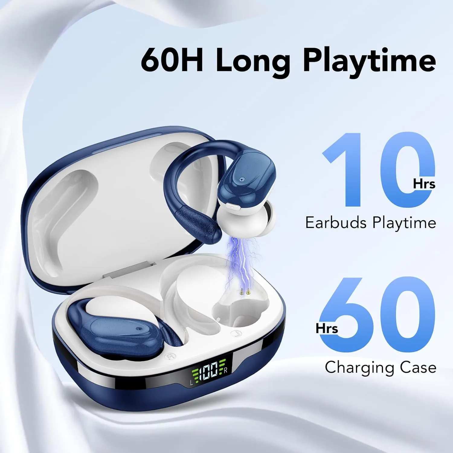 CASCHO Ear Buds Wireless Earbuds Bluetooth 5.3 Headphones 60hrs Playtime with Digital Display Sports Wireless Headphones with Earhook Deep Bass IPX7 Waterproof Over-Ear Earbuds for Android iOS (Blue)