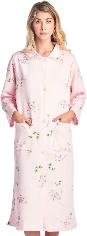 Casual Nights Women's Quilted House Coat Button Down Robe Long Sleeve Below Knee