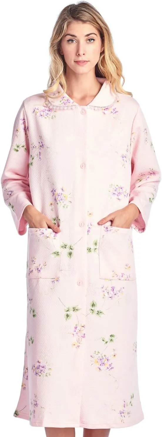 Casual Nights Women's Quilted House Coat Button Down Robe Long Sleeve Below Knee