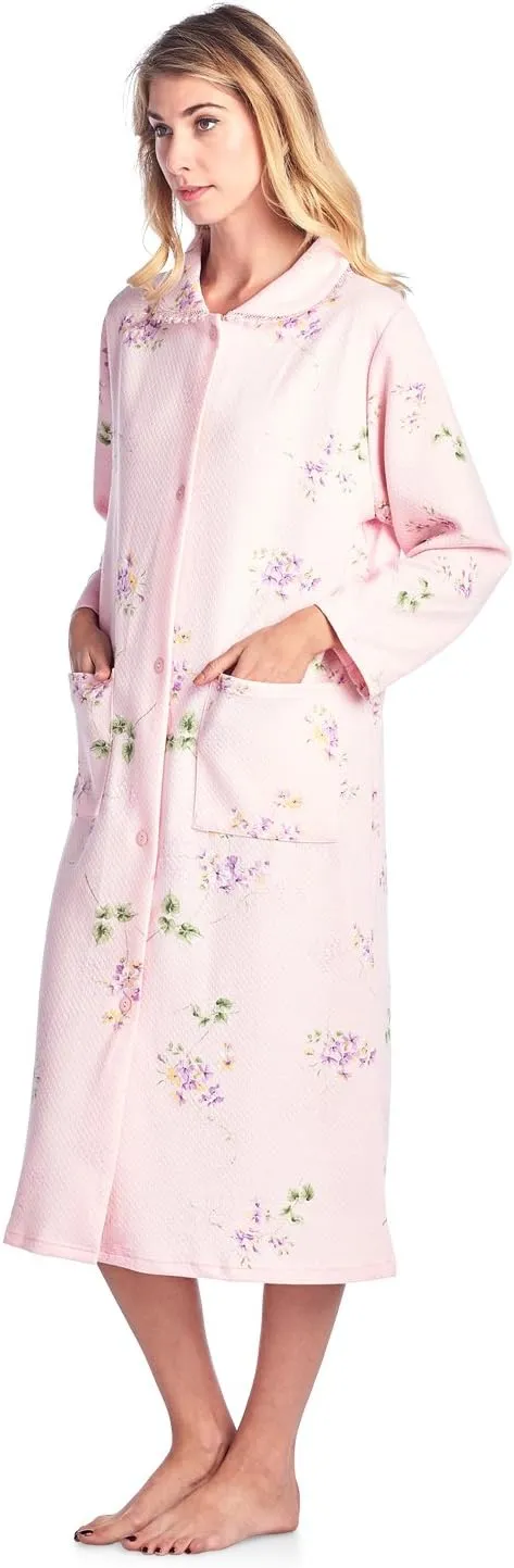 Casual Nights Women's Quilted House Coat Button Down Robe Long Sleeve Below Knee