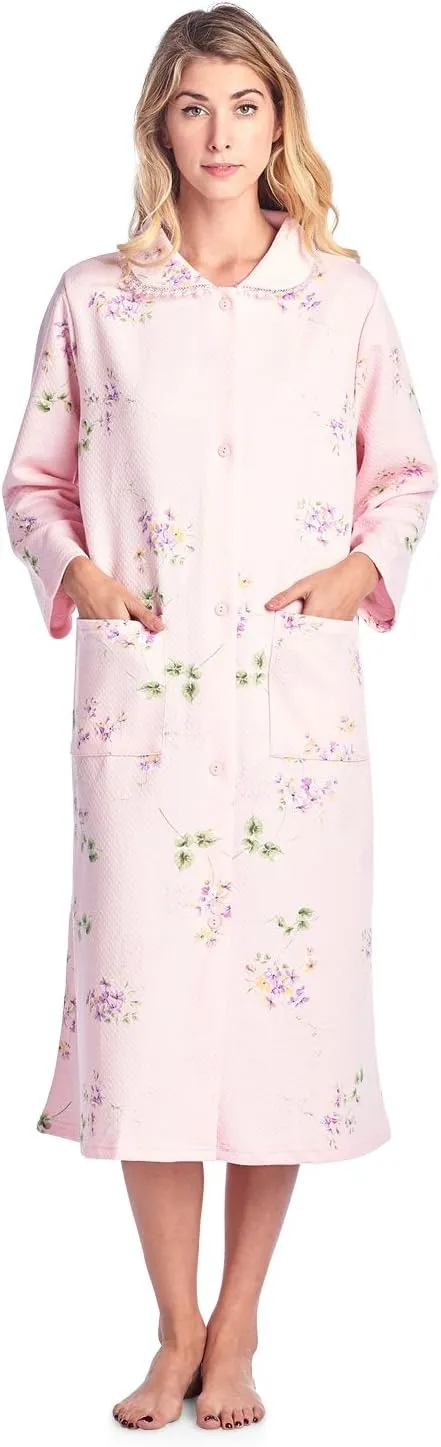Casual Nights Women's Quilted House Coat Button Down Robe Long Sleeve Below Knee