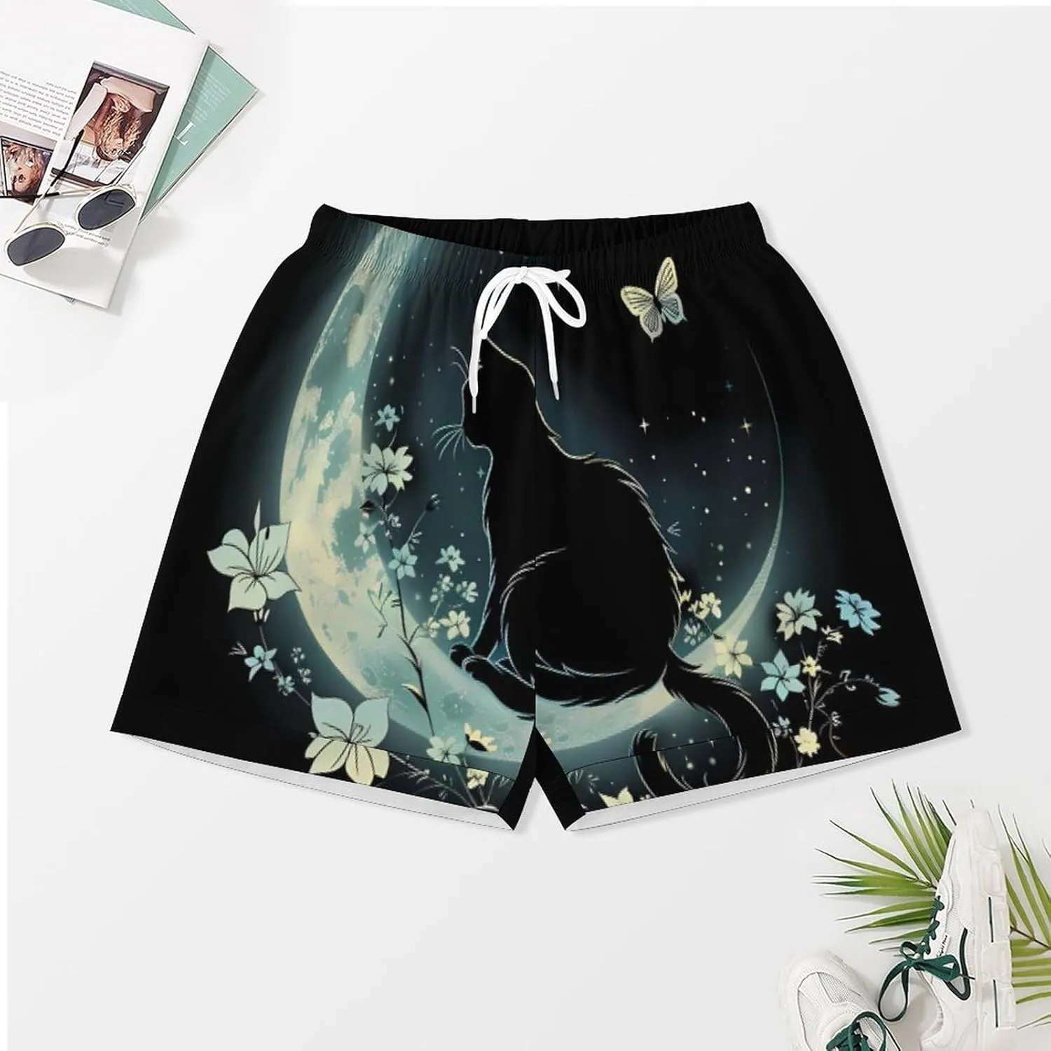 Cat Butterfly & Floral Moon Cat Women's Satin Pajama Set Short Sleeve Button Down Sleepwear Loungewear Pj Set