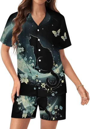 Cat Butterfly & Floral Moon Cat Women's Satin Pajama Set Short Sleeve Button Down Sleepwear Loungewear Pj Set