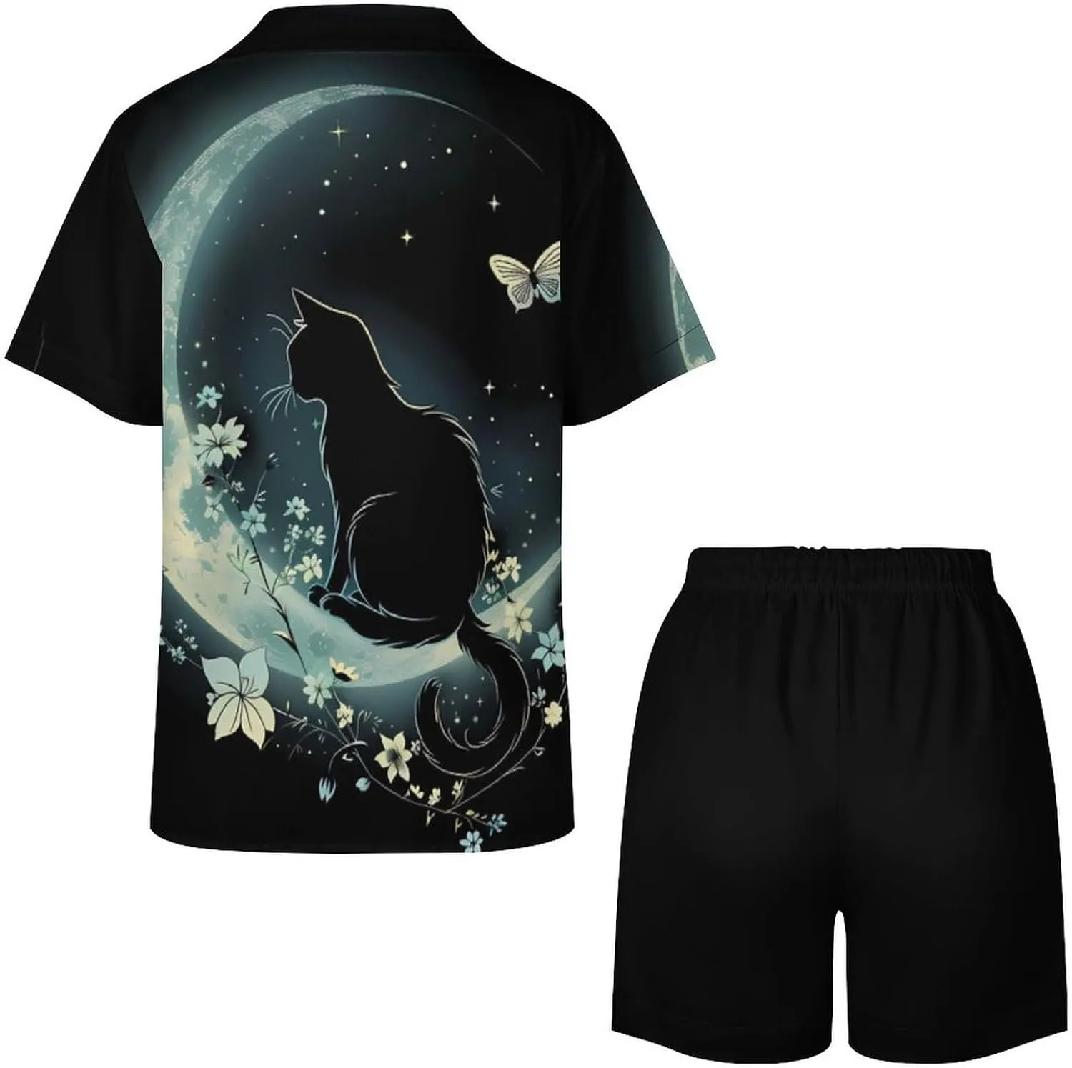 Cat Butterfly & Floral Moon Cat Women's Satin Pajama Set Short Sleeve Button Down Sleepwear Loungewear Pj Set