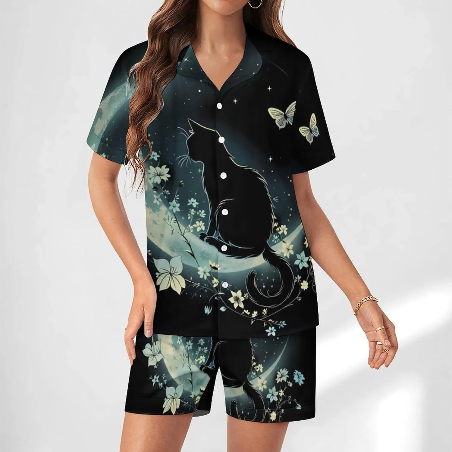 Cat Butterfly & Floral Moon Cat Women's Satin Pajama Set Short Sleeve Button Down Sleepwear Loungewear Pj Set