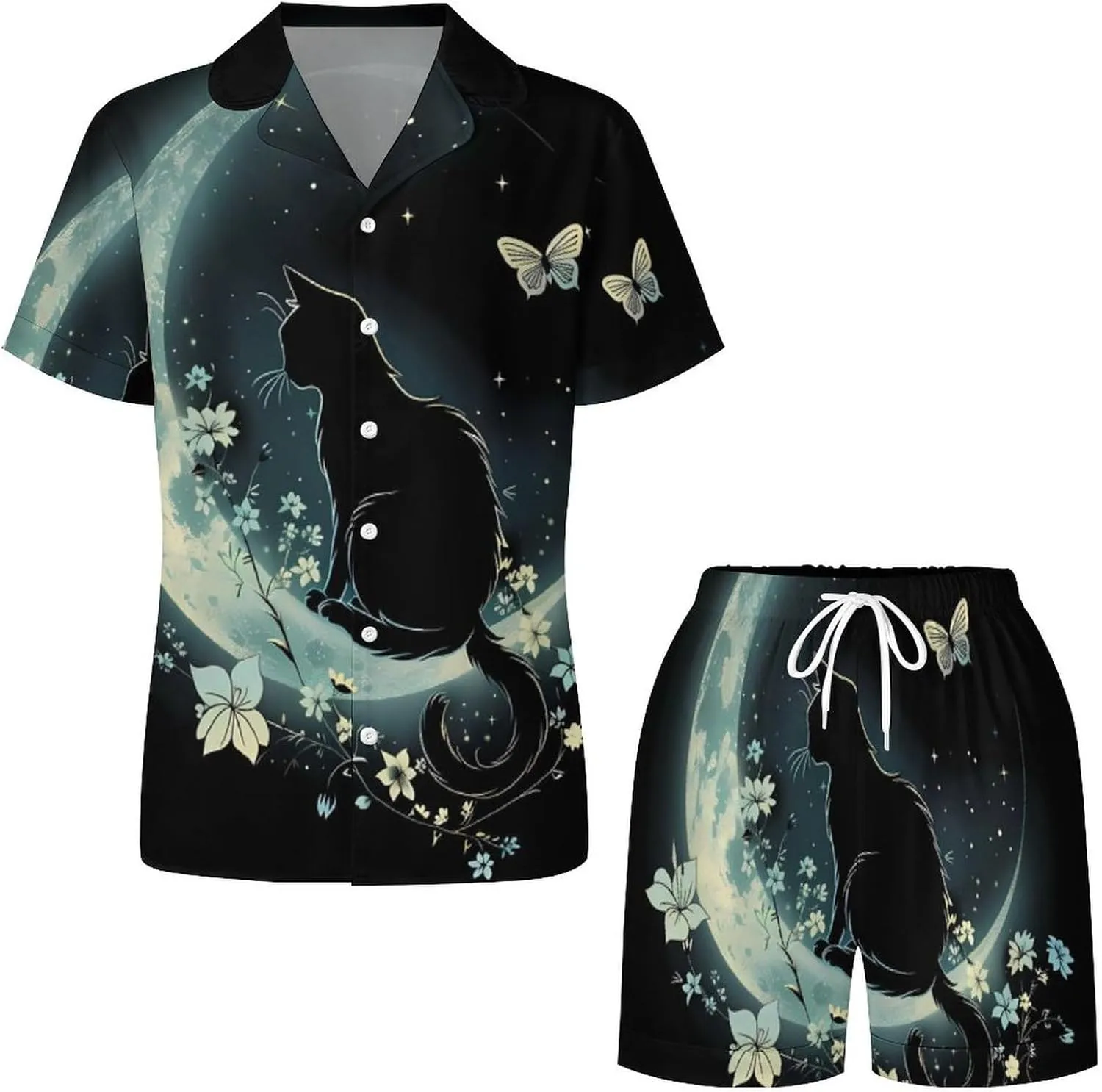 Cat Butterfly & Floral Moon Cat Women's Satin Pajama Set Short Sleeve Button Down Sleepwear Loungewear Pj Set