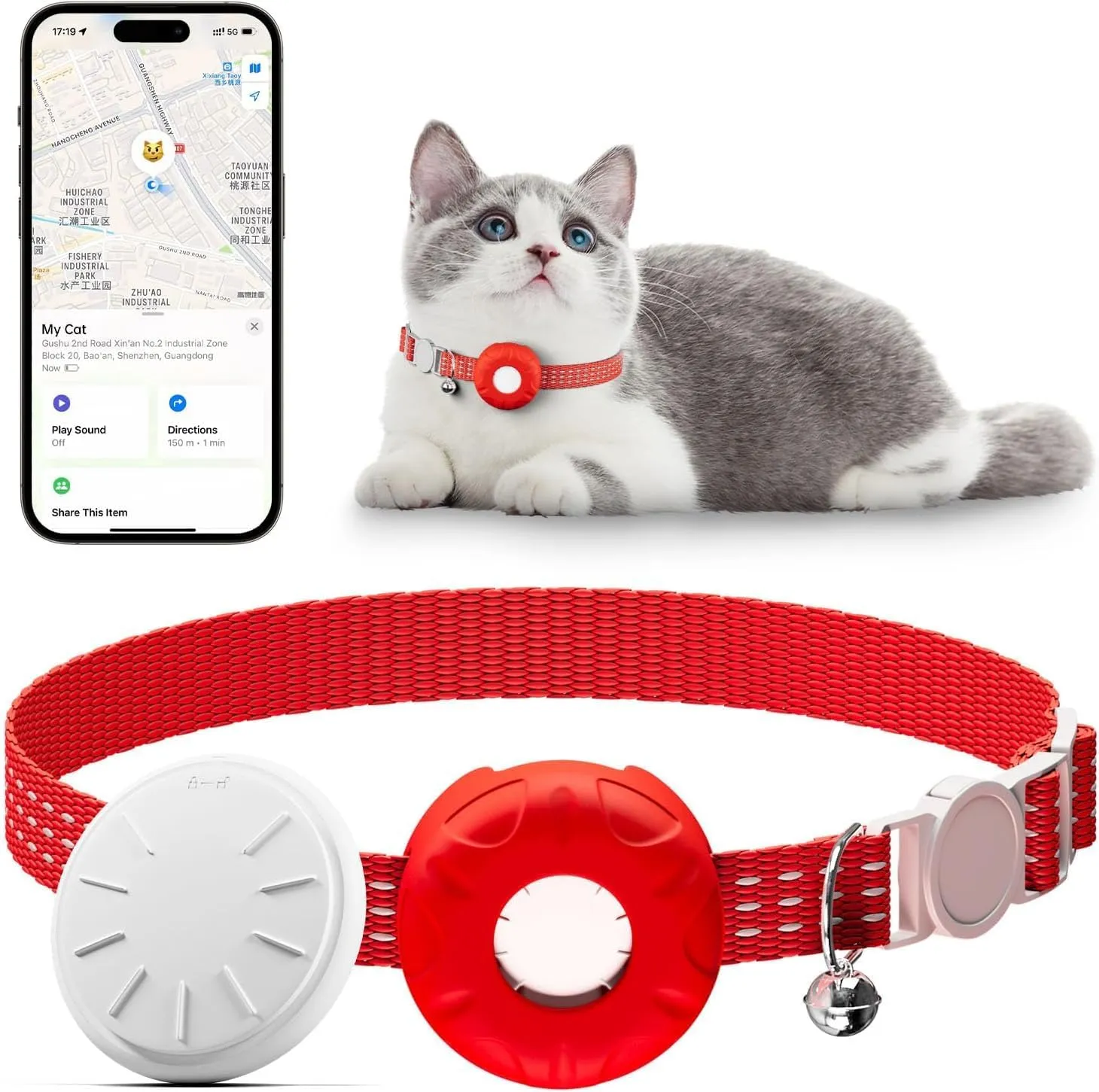 Cat Tracker,GPS Pet Tracker for Cats (Only iOS),No Monthly Fee Smart Pet Activity Tracker Compatible with Apple Find My,Waterproof Anti-Lost Finder Tag for Pets/Kids/Vehicles/Items-Red