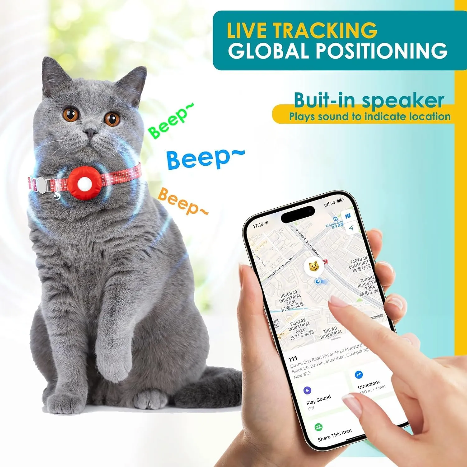 Cat Tracker,GPS Pet Tracker for Cats (Only iOS),No Monthly Fee Smart Pet Activity Tracker Compatible with Apple Find My,Waterproof Anti-Lost Finder Tag for Pets/Kids/Vehicles/Items-Red