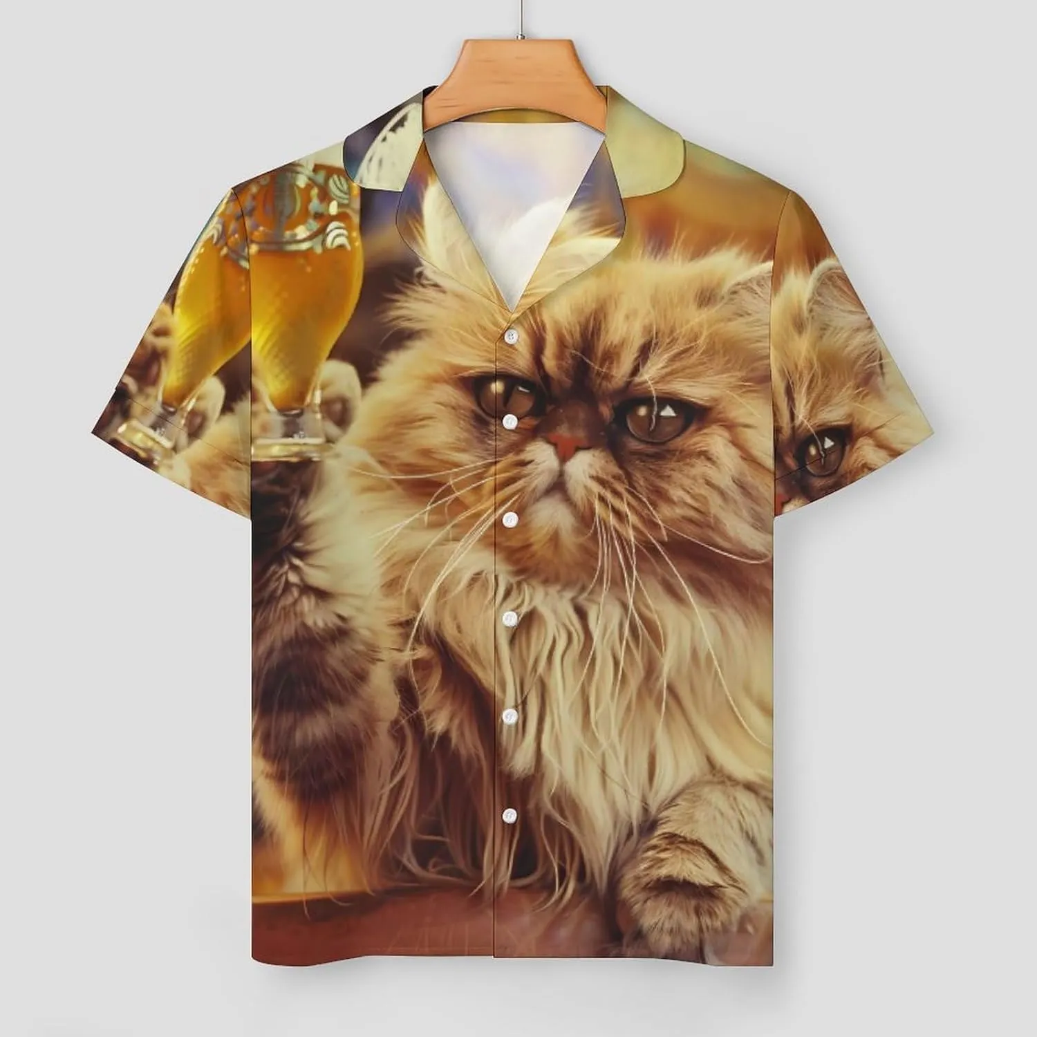 Cat With Beer at The Bar Women's Satin Pajama Set Short Sleeve Button Down Sleepwear Loungewear Pj Set