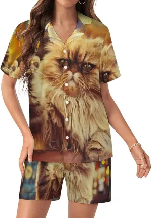 Cat With Beer at The Bar Women's Satin Pajama Set Short Sleeve Button Down Sleepwear Loungewear Pj Set