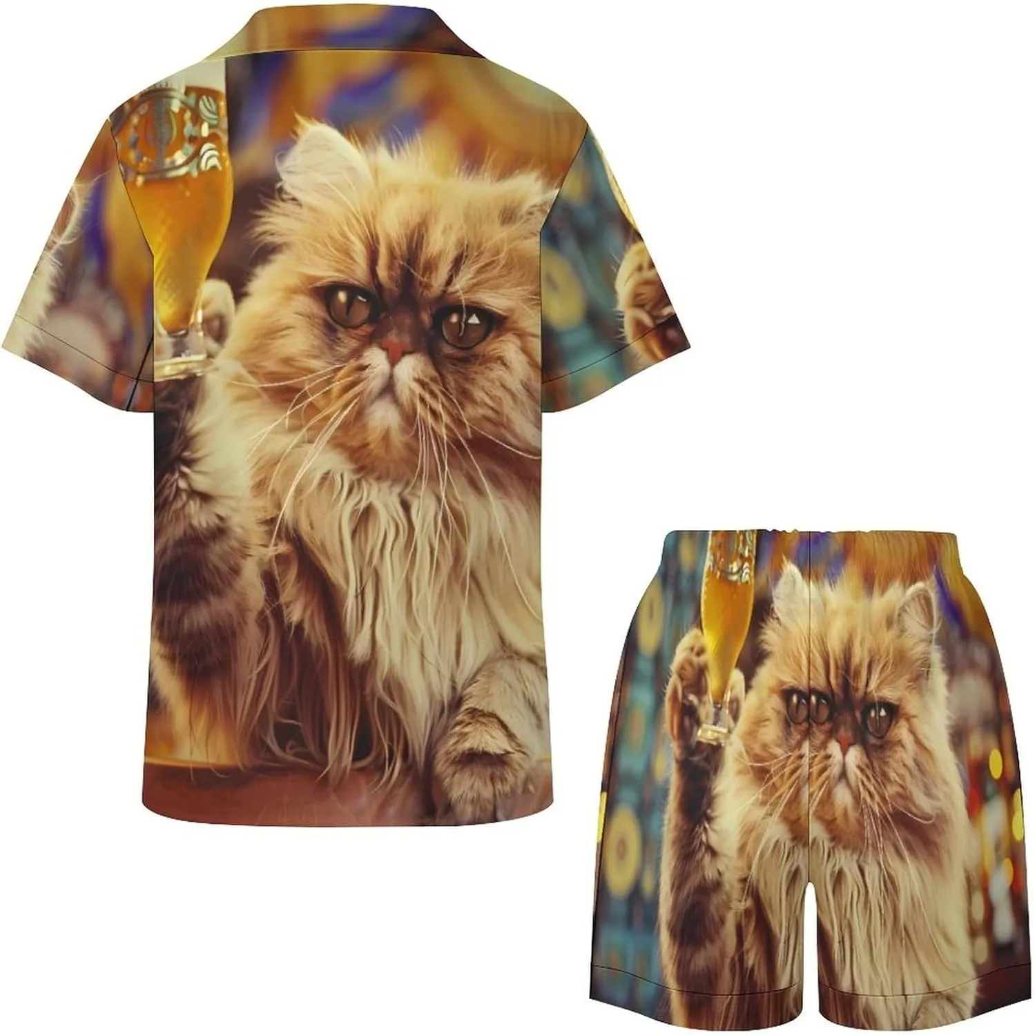 Cat With Beer at The Bar Women's Satin Pajama Set Short Sleeve Button Down Sleepwear Loungewear Pj Set