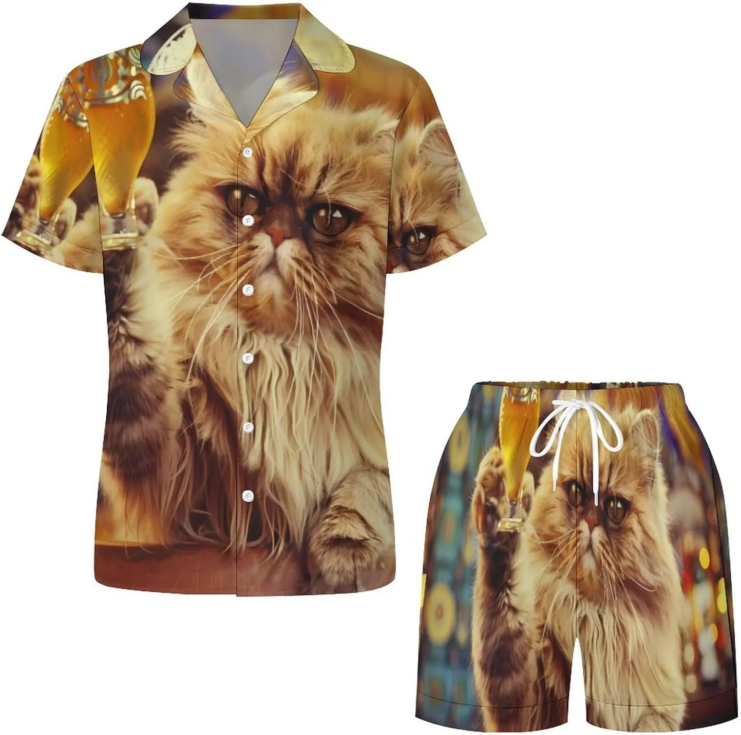 Cat With Beer at The Bar Women's Satin Pajama Set Short Sleeve Button Down Sleepwear Loungewear Pj Set
