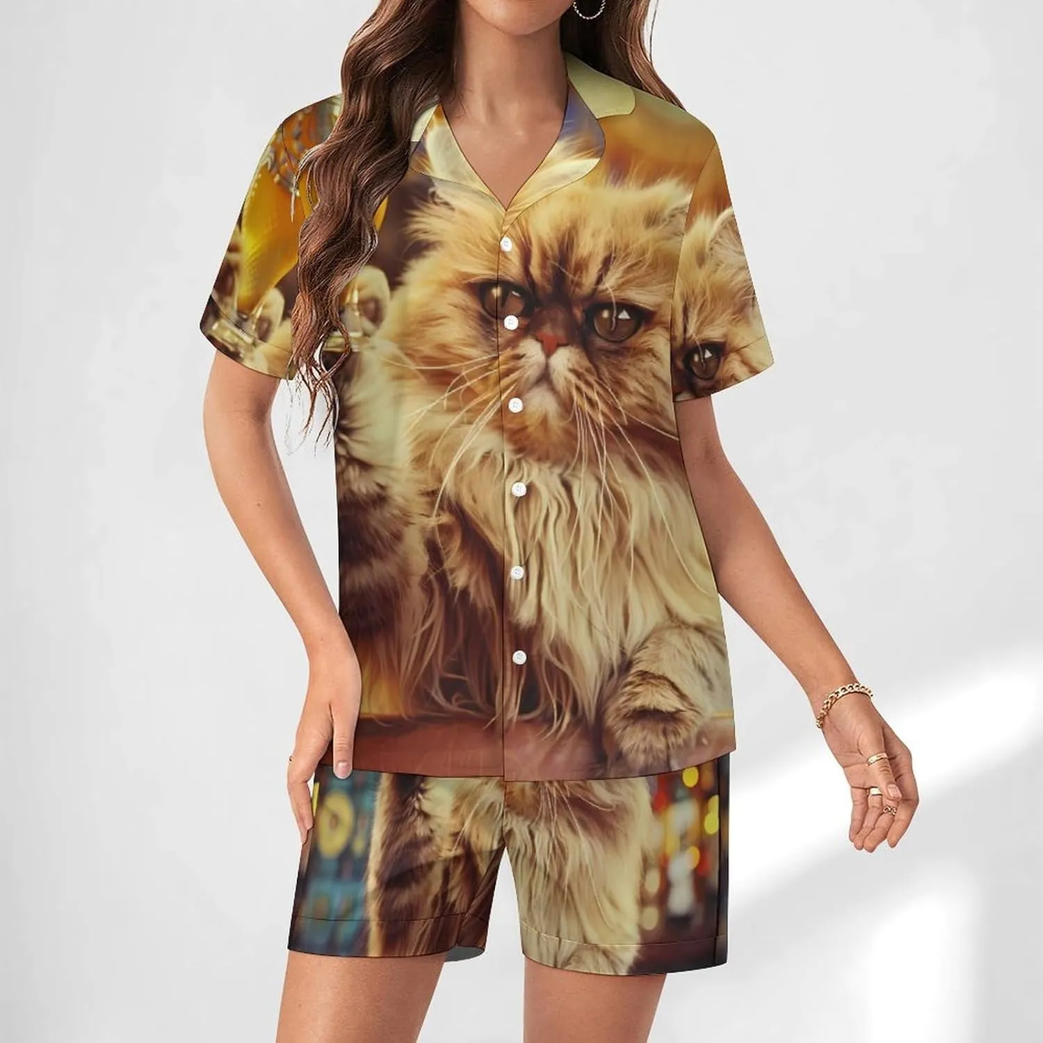Cat With Beer at The Bar Women's Satin Pajama Set Short Sleeve Button Down Sleepwear Loungewear Pj Set