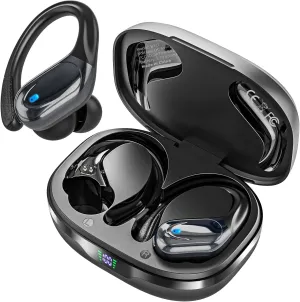 Catitru Wireless Earbuds Bluetooth Headphones 80H Playback Ear Buds Power Display with Noise Canceling Mic with Earhooks for Sports/Workout - Black