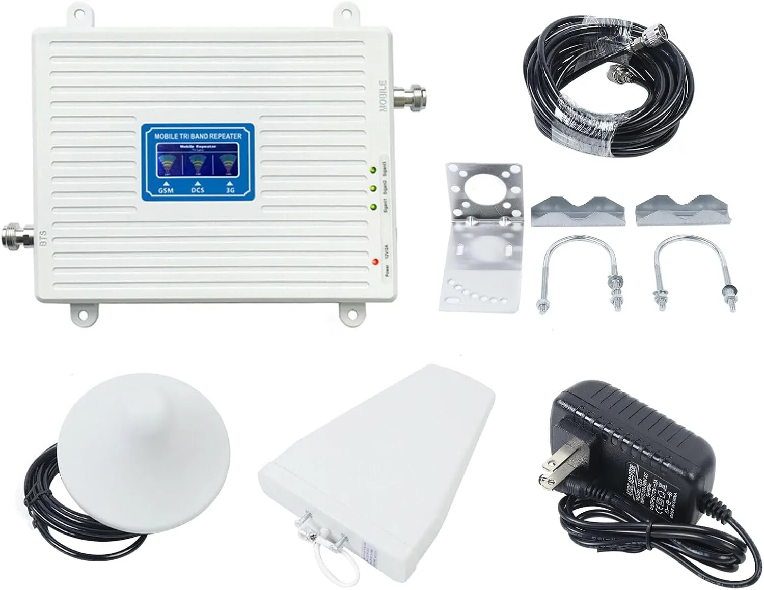 Cell Phone Signal Booster 900/1800/2100MHz 2G/3G/4G Tri Band GSM DCS Mobile Signa Amplifier Repeater, Cell Signal Booster for Home with Adapter（Us Plug） Coverage Area Up to 150㎡/1614ft²
