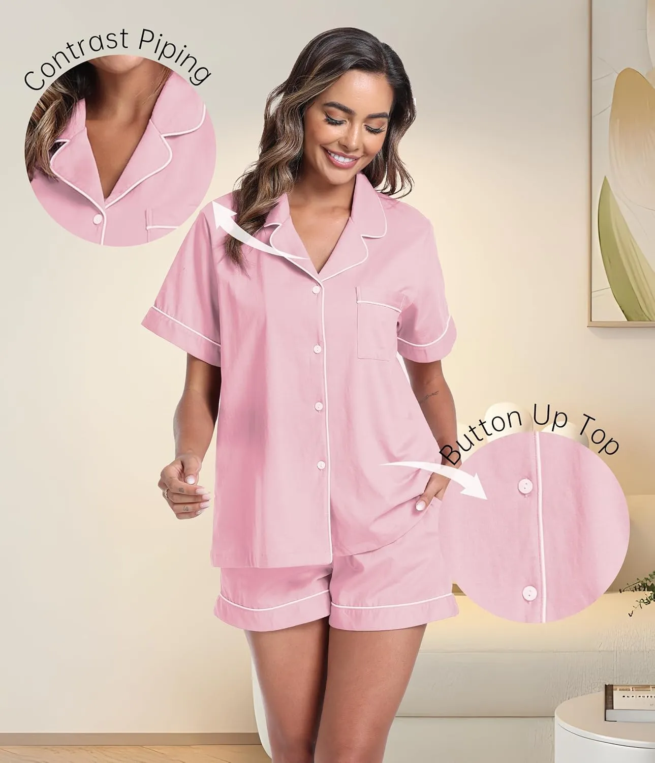 CF 100% Cotton Short Pajama Set Soft Button Down Pajamas Set Short Sleeve Sleepwear and Shorts with Pockets