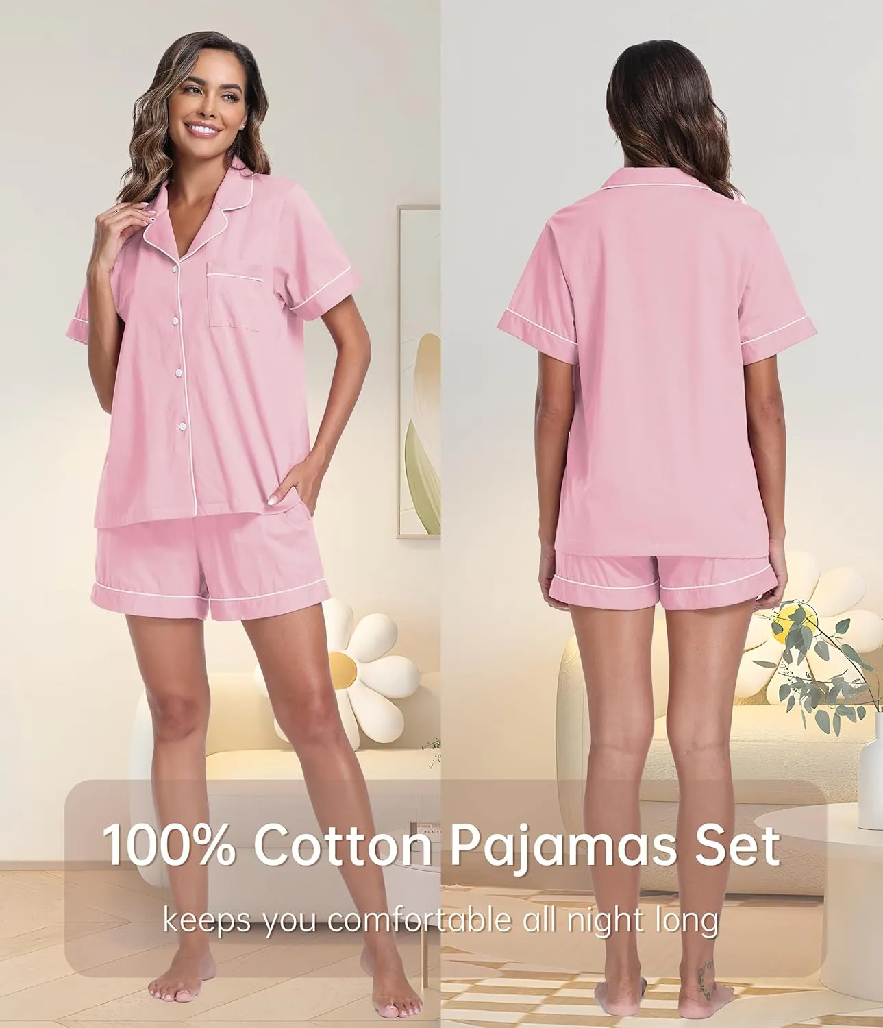 CF 100% Cotton Short Pajama Set Soft Button Down Pajamas Set Short Sleeve Sleepwear and Shorts with Pockets