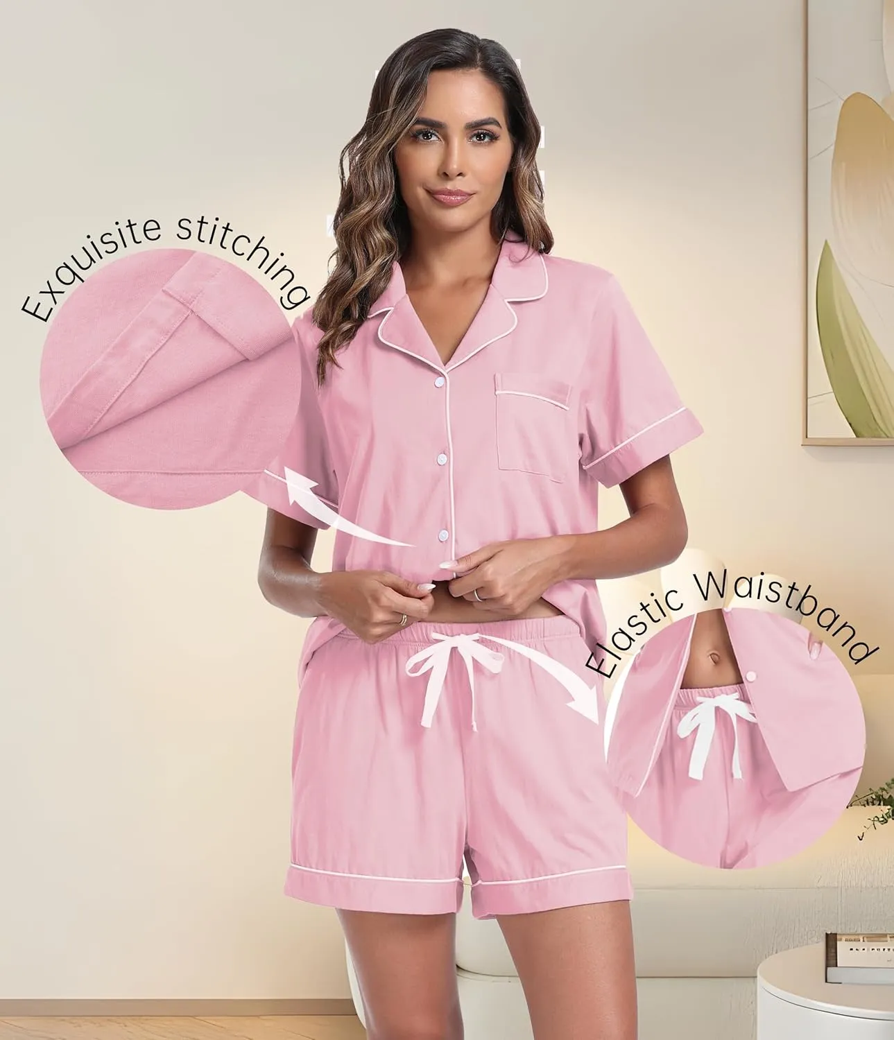 CF 100% Cotton Short Pajama Set Soft Button Down Pajamas Set Short Sleeve Sleepwear and Shorts with Pockets