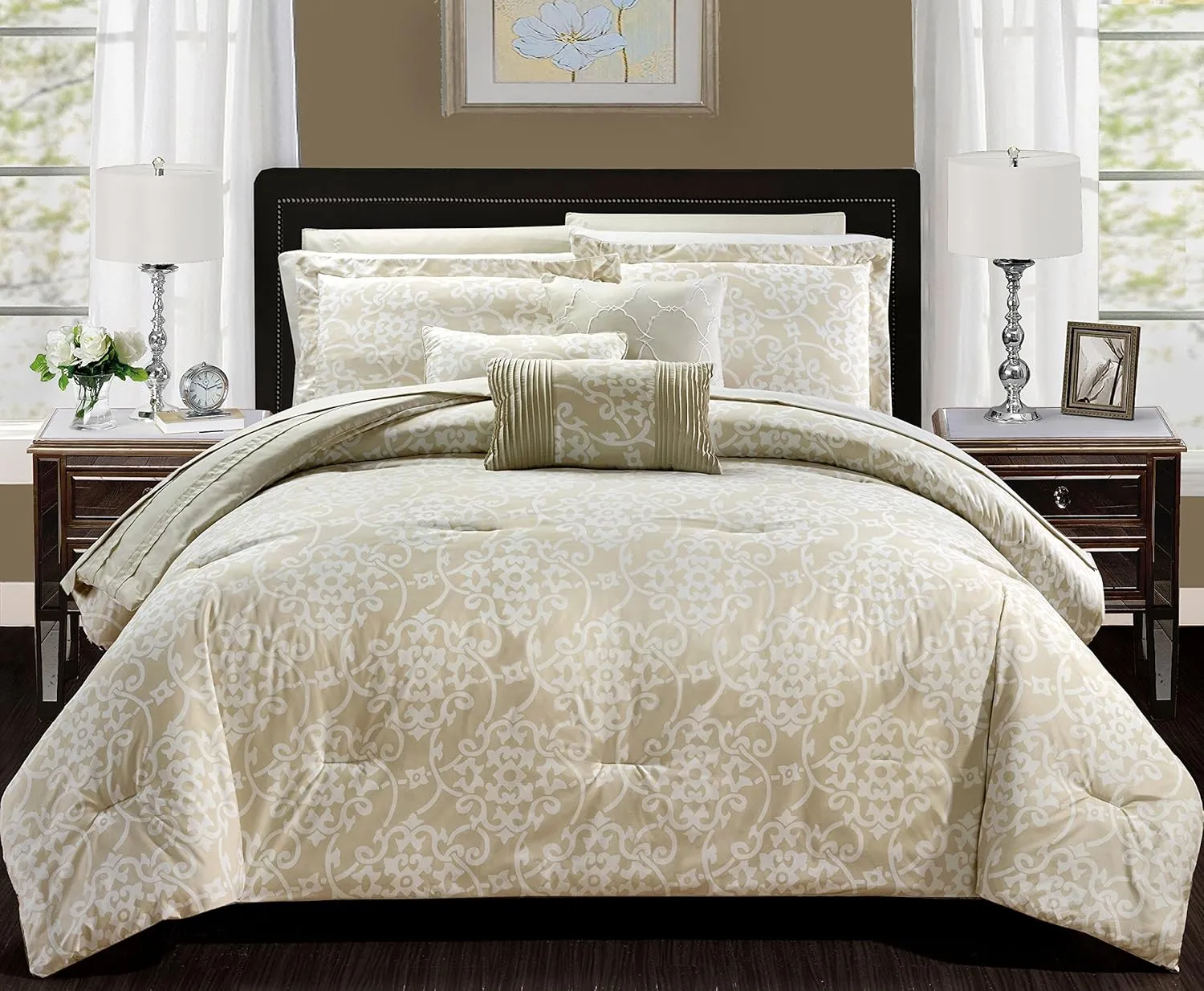 Chic Home Lea 10 Piece Reversible Comforter Bag Ruffled Pinch Pleat Motif Pattern Print Complete Bedding Set-Sheets Decorative Pillows Shams Included, Queen, Beige