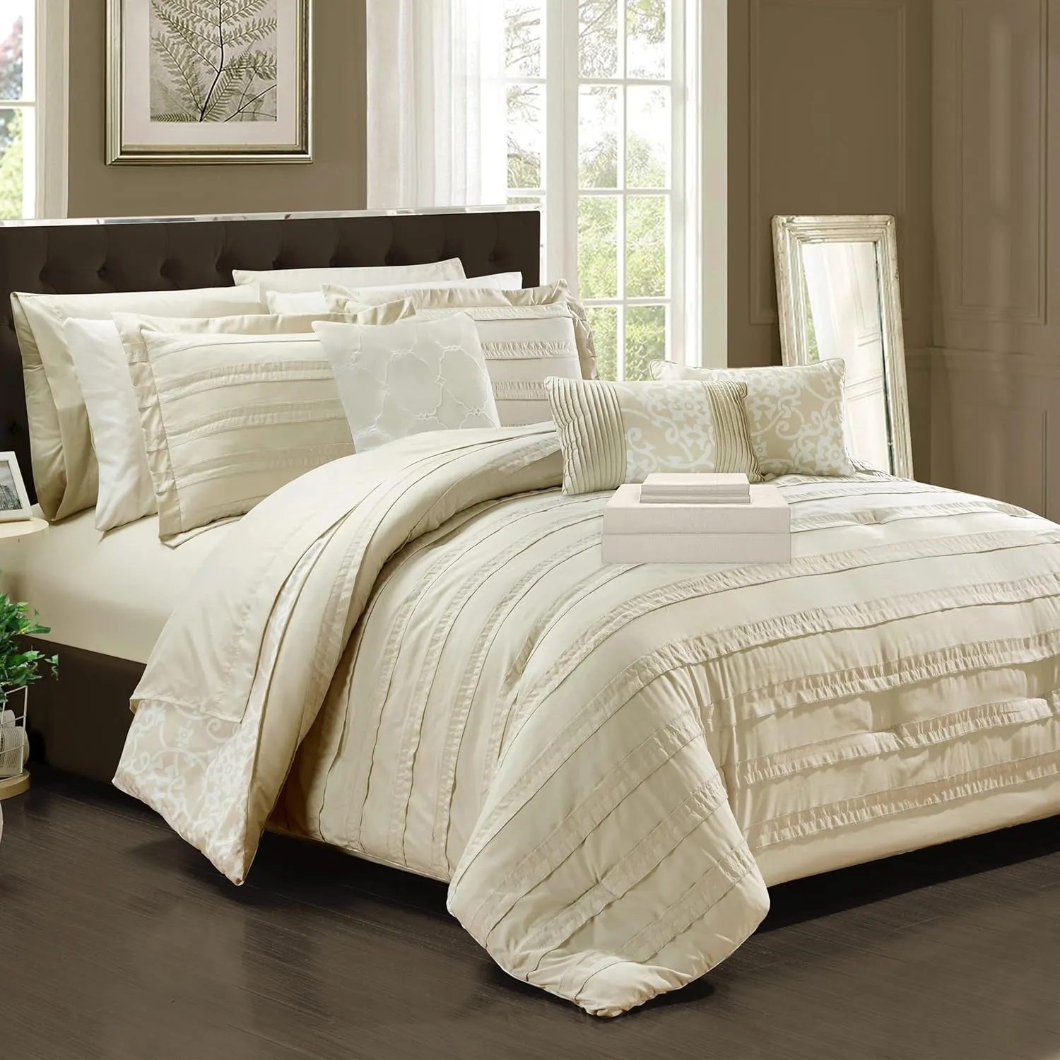 Chic Home Lea 10 Piece Reversible Comforter Bag Ruffled Pinch Pleat Motif Pattern Print Complete Bedding Set-Sheets Decorative Pillows Shams Included, Queen, Beige