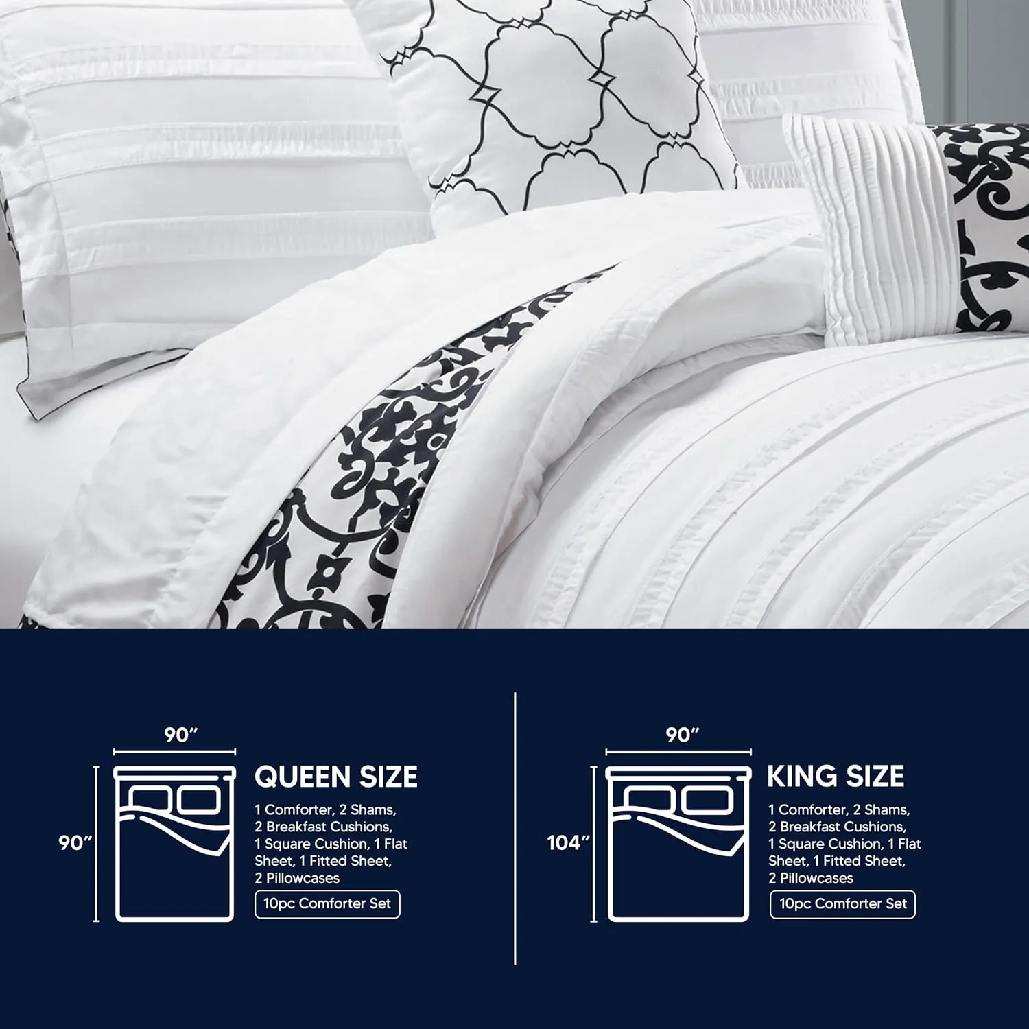 Chic Home Lea 10 Piece Reversible Comforter Bag Ruffled Pinch Pleat Motif Pattern Print Complete Bedding Set-Sheets Decorative Pillows Shams Included, Queen, Beige