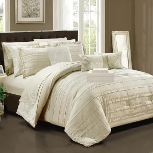 Chic Home Lea 10 Piece Reversible Comforter Bag Ruffled Pinch Pleat Motif Pattern Print Complete Bedding Set-Sheets Decorative Pillows Shams Included, Queen, Beige