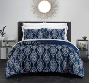 Chic Home Navy Blue Bed in a Bag Quilt Set, Queen Size (9 Piece), Verona - Striped Stitched Medallion Print Polyester Bedding - Quilt, Shams, Flat & Fitted Sheet & Pillowcases