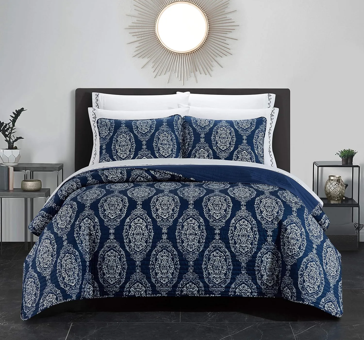 Chic Home Navy Blue Bed in a Bag Quilt Set, Queen Size (9 Piece), Verona - Striped Stitched Medallion Print Polyester Bedding - Quilt, Shams, Flat & Fitted Sheet & Pillowcases