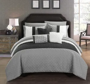 Chic Home Osnat 10 Piece Color Block Quilted Embroidered Design Bag Bedding – Sheets Decorative Pillows Shams Included Comforter Set, King, Grey