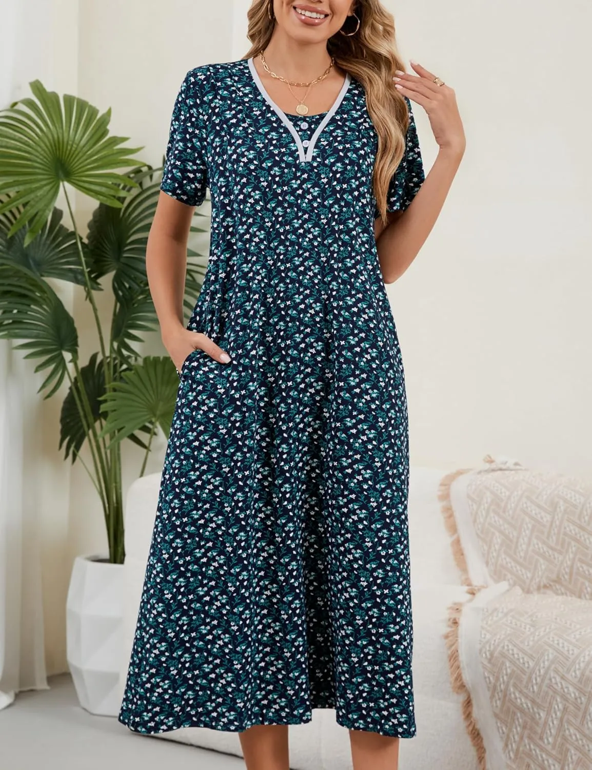 Chunoy Sleepshirt Dress for Womens Short Sleeve Nightgown Button Henley Sleepwear Gown Lounge Night Dress