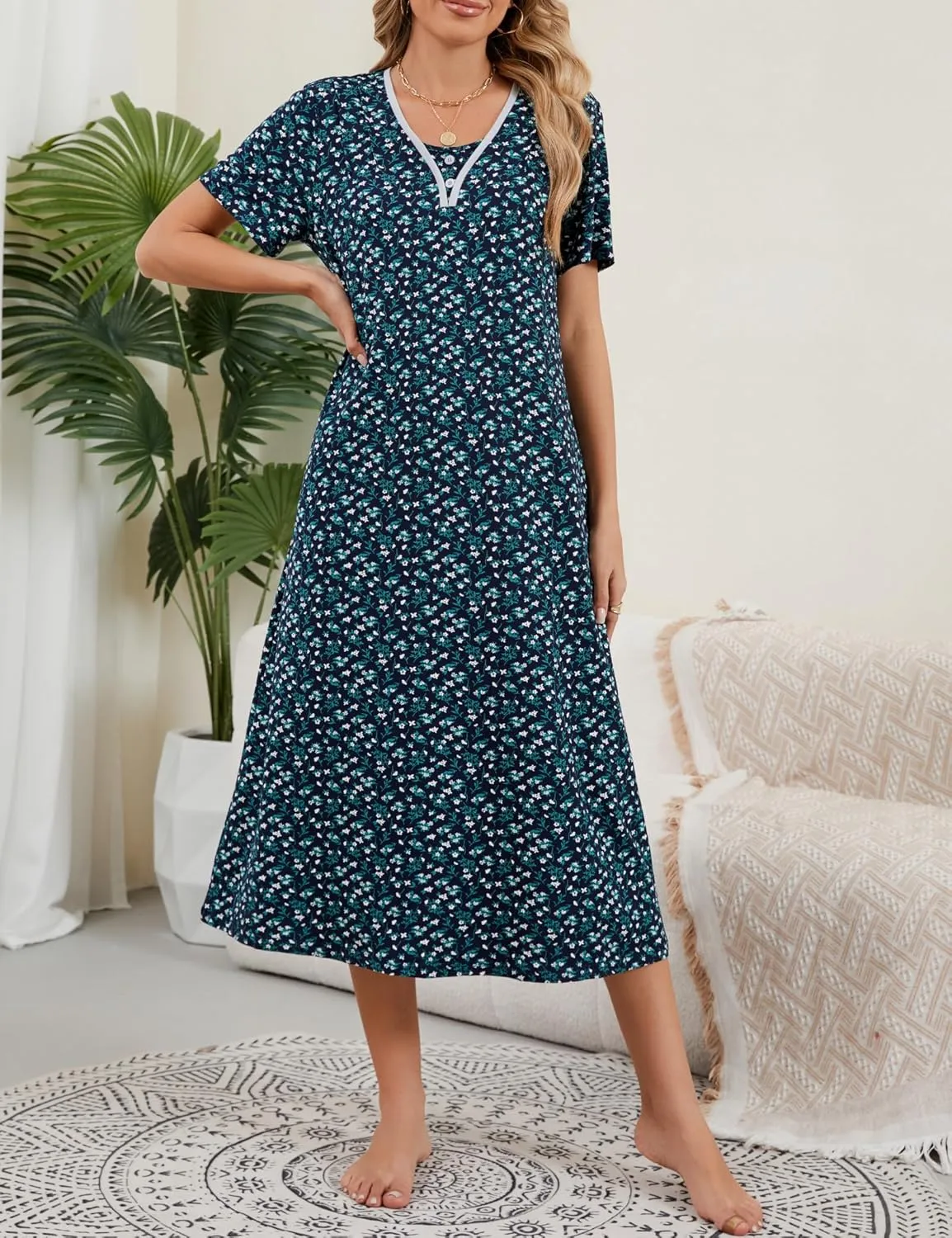 Chunoy Sleepshirt Dress for Womens Short Sleeve Nightgown Button Henley Sleepwear Gown Lounge Night Dress