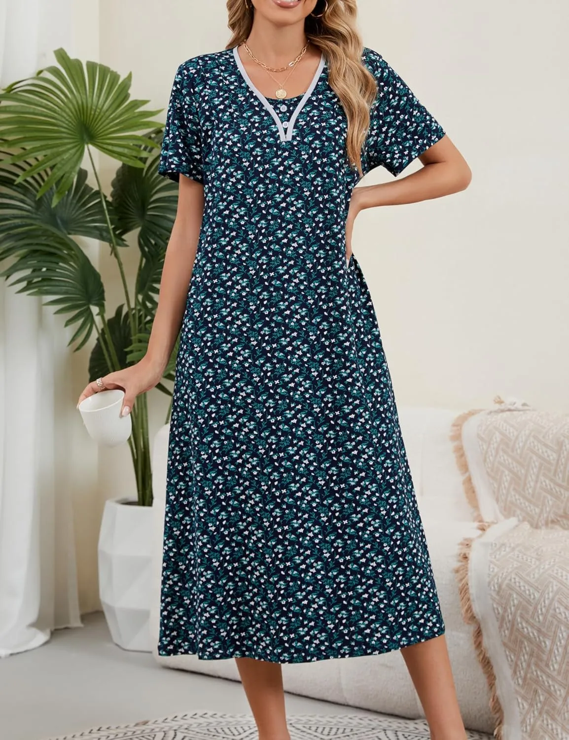 Chunoy Sleepshirt Dress for Womens Short Sleeve Nightgown Button Henley Sleepwear Gown Lounge Night Dress