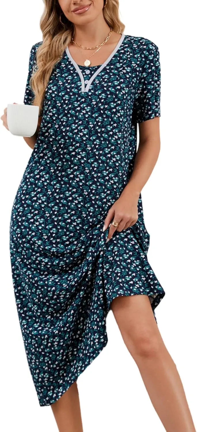 Chunoy Sleepshirt Dress for Womens Short Sleeve Nightgown Button Henley Sleepwear Gown Lounge Night Dress