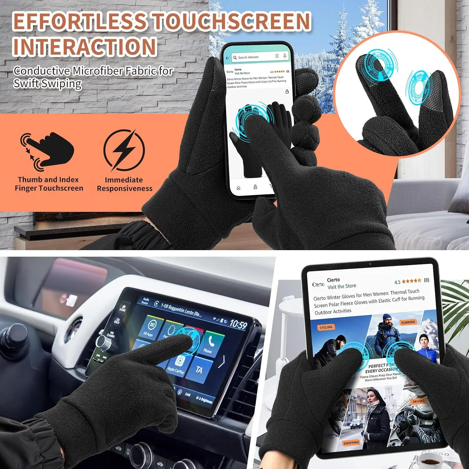 Cierto Winter Gloves for Men Women: Thermal Touch Screen Polar Fleece Gloves with Elastic Cuff for Running Outdoor Activities