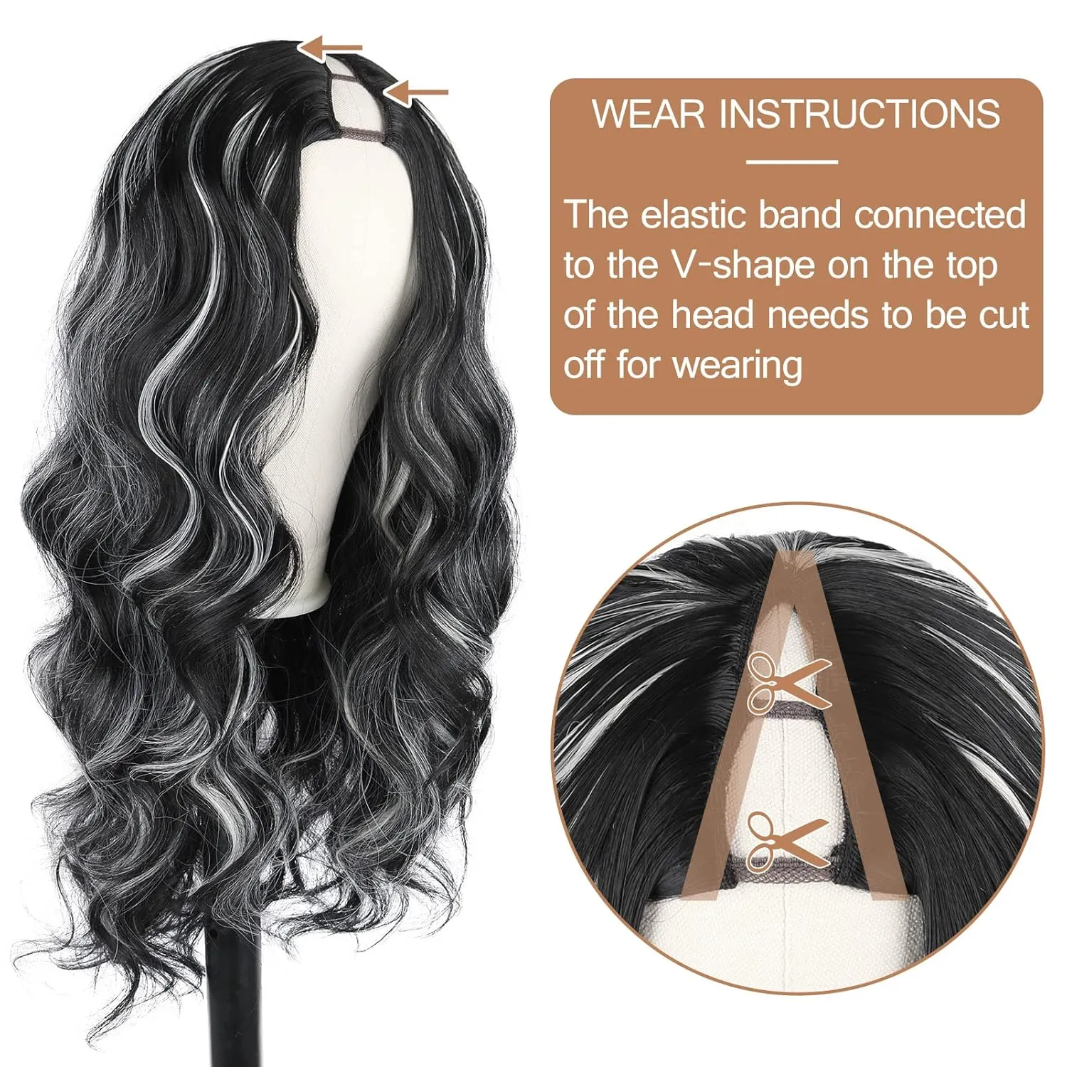 CINHOO Gray Body Wave V Part Wig for Black Women Synthetic V Part Wig Long No Leave Out Upgrade U Part Wigs Body Wavy White Skunk Stripe Wig for Black Women Glueless Wig V Shape Wigs(1B/60#)
