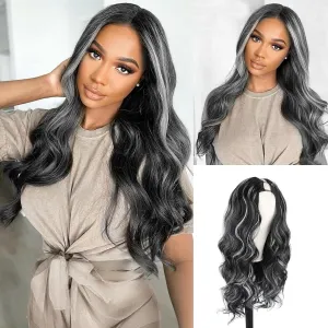 CINHOO Gray Body Wave V Part Wig for Black Women Synthetic V Part Wig Long No Leave Out Upgrade U Part Wigs Body Wavy White Skunk Stripe Wig for Black Women Glueless Wig V Shape Wigs(1B/60#)