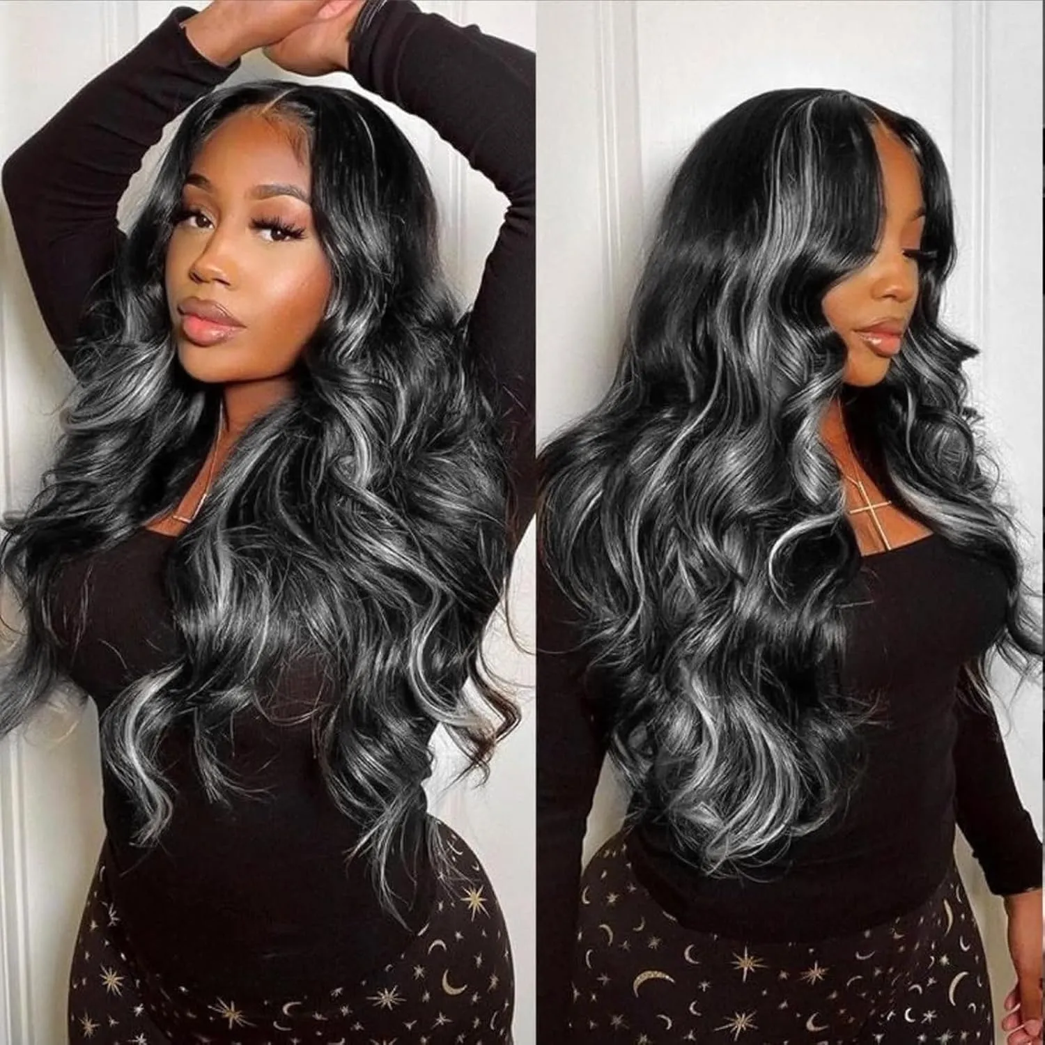 CINHOO Gray Body Wave V Part Wig for Black Women Synthetic V Part Wig Long No Leave Out Upgrade U Part Wigs Body Wavy White Skunk Stripe Wig for Black Women Glueless Wig V Shape Wigs(1B/60#)