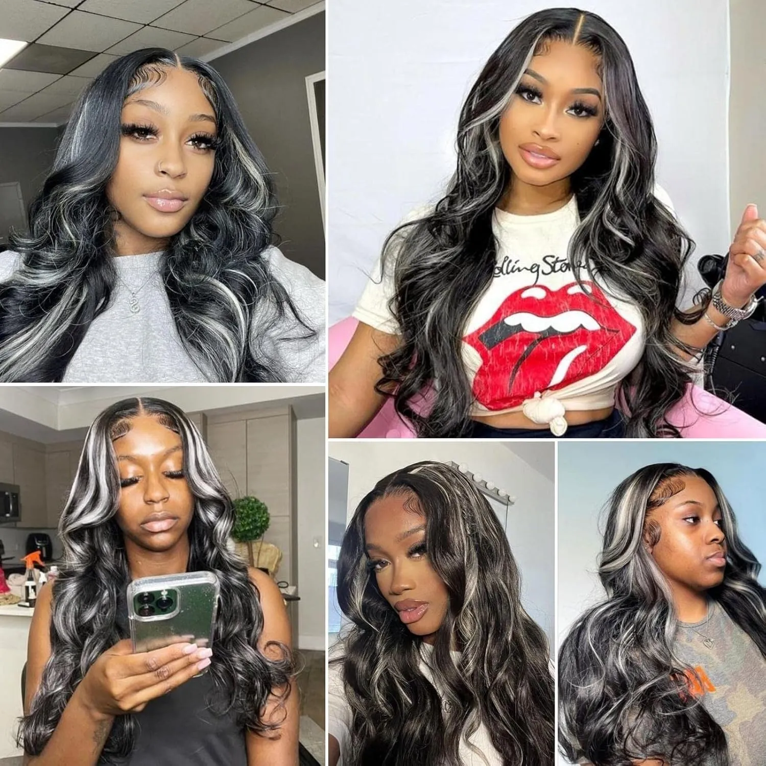 CINHOO Gray Body Wave V Part Wig for Black Women Synthetic V Part Wig Long No Leave Out Upgrade U Part Wigs Body Wavy White Skunk Stripe Wig for Black Women Glueless Wig V Shape Wigs(1B/60#)
