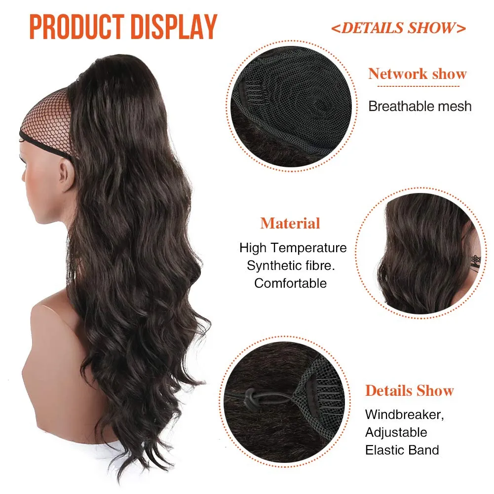 CINHOO Natural Black Long Body Wavy Drawstring Ponytail Extension Drawstring Heat Resistant 24 Inch Curly Wavy Pony Tail Hair Bun Hair Peace for Women(2#)