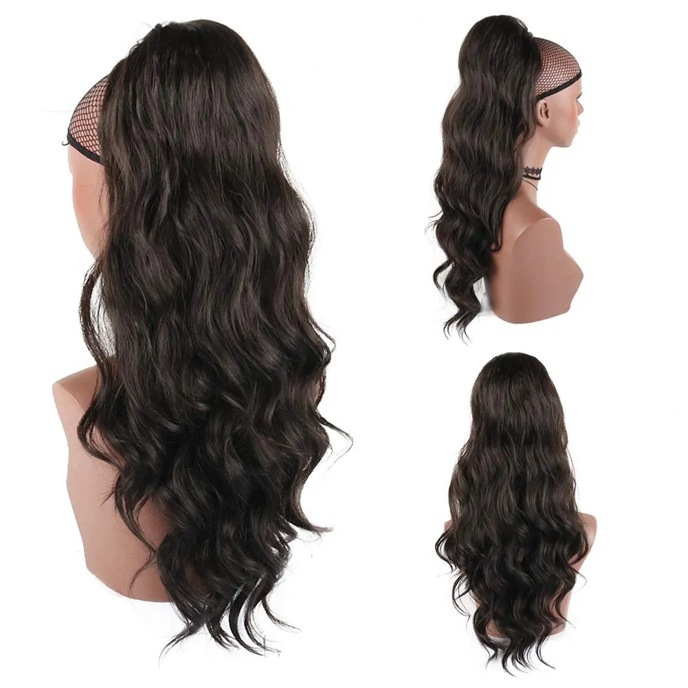 CINHOO Natural Black Long Body Wavy Drawstring Ponytail Extension Drawstring Heat Resistant 24 Inch Curly Wavy Pony Tail Hair Bun Hair Peace for Women(2#)